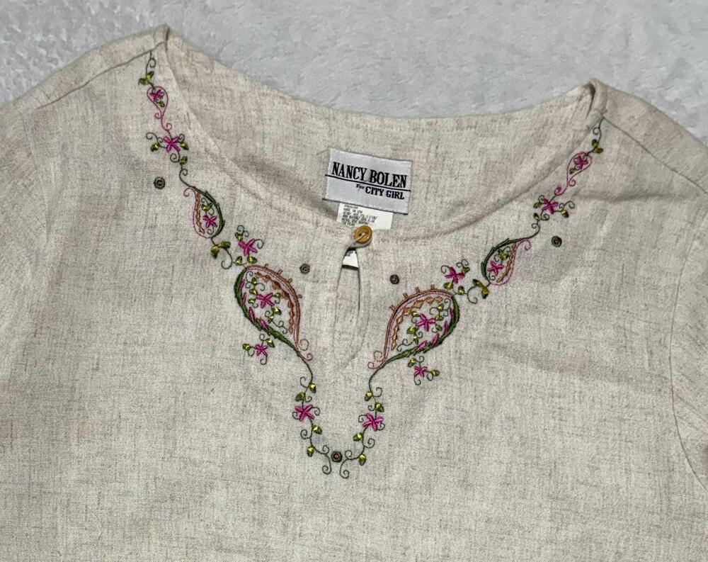 Nancy Bolen for City Girl Shirt Womens Large Beige Embroidered Blouse Top